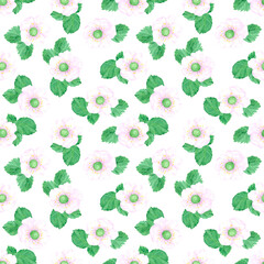 Hand drawn watercolor strawberry blossom with green leaves seamless pattern isolated on white background. Can be used for textile, fabric and other printed products.