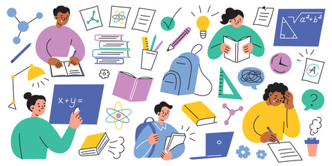 School and education vector illustrations set in playful, cartoon style. Students studying, reading books, stationery doodles, math science symbols collection. Educational content, learning materials