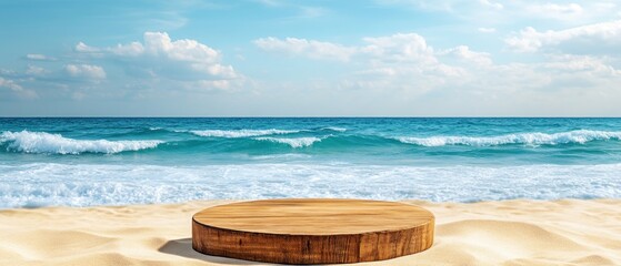Obraz premium Wooden pedestal with free space for your decoration on tropical summer sand beach