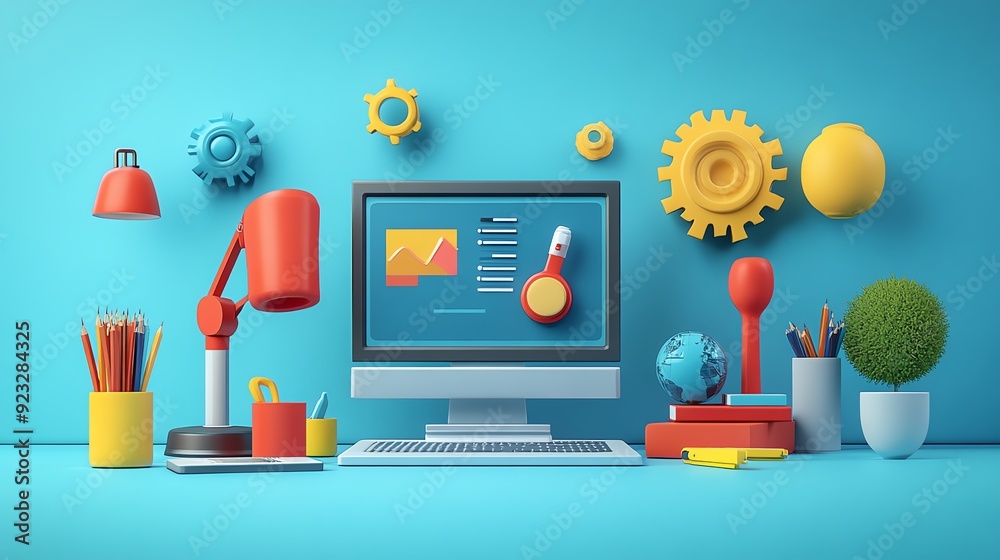 Poster modern office desk with computer and colorful supplies.