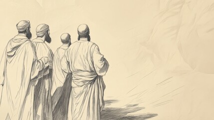 Fototapeta premium Biblical Illustration of Elijah Taken Up to Heaven: Sons of the Prophets Watching from a Distance, Acknowledging Elisha as Successor, Beige Background
