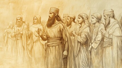 Fototapeta premium Biblical Illustration of 2 Kings: Jehoiada Leading Covenant Renewal Ceremony, Rededicating Kingdom to the Lord, Bible Wall Art with Beige Background