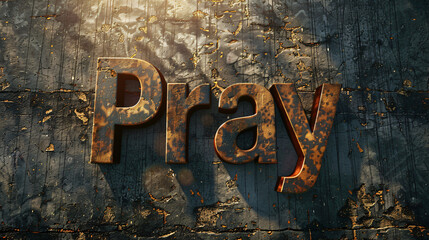 Rusty metal letters spelling out pray on a dark wooden surface