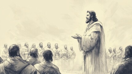 Biblical Illustration of Solomon Asks for Wisdom: Solomon Teaching His People, Imparting Wisdom and Knowledge to a Captivated Audience, Beige Background