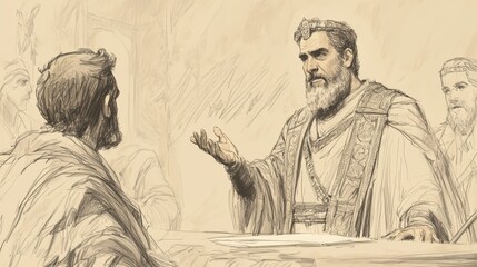 Fototapeta premium Biblical Illustration of Jotham Judging Judah’s People with Fairness and Wisdom, Bible Wall Art, Beige Background