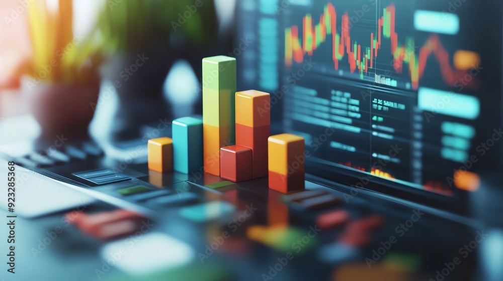 Poster Colorful Bar Graph on Laptop Screen with Stock Market Data.