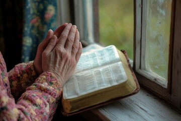 woman's hands folded in prayer on the background of the bible, close up