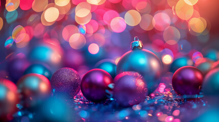 Christmas tree, bright lights, colorful decorations.