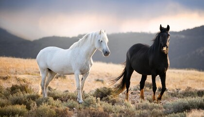Obraz premium white and black horse in field, AI generated