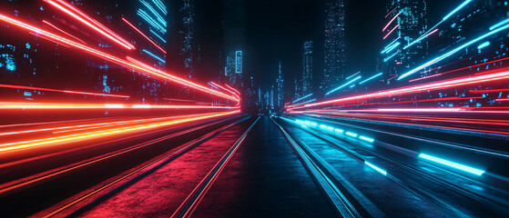 Futuristic Cityscape with Red and Blue Neon Lights, Speed Lines and Blur Effect, Speed Lines