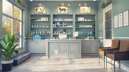 Modern Veterinary Clinic Welcoming Reception Area with TechSavvy CheckIns Pet Care Products and Educational Resources