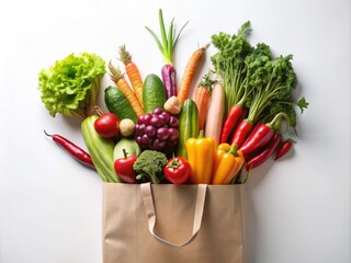 Stunning display of exotic vegetables arranged artfully in sleek modern paper bag minimalist white background bold graphic style