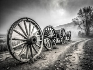 Fototapeta na wymiar Moody atmospheric black and white photograph of old horse-drawn covered wagon wheels sitting idle on abandoned dusty trail