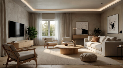 Design a modern living room that combines minimalist principles with organic elements