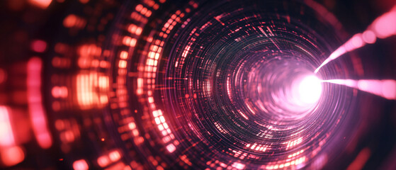 Obraz premium Abstract Pink and Red Digital Tunnel with Light at the End