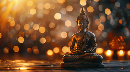 Bronze buddha statue is sitting in meditation pose, creating a peaceful and spiritual atmosphere
