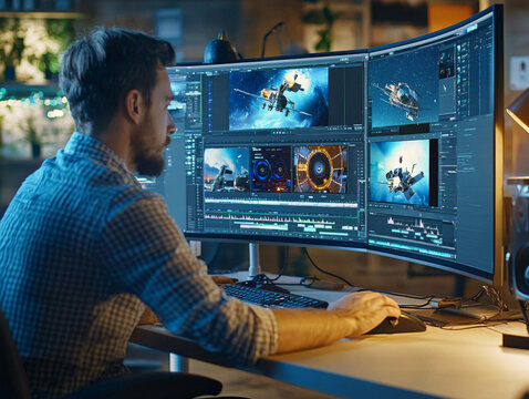 A man is sitting in front of a large monitor, working on a computer
