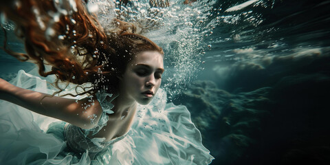 Artistic fashion underwater photography of a female model in white flowing dress. Concept of beauty, serenity, freedom, deep emotions, inner peace.