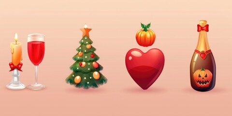 icon with a christmas tree and pumpkin and easter egg and candle and champagne bottle and red heart, red, realistic, clean, modern, flat design, 100% no background