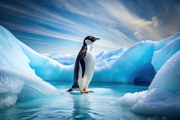 Fototapeta premium Inspirational penguin looks up hopelessly trapped sea ice climate change awareness cold blues icy whites powerful poignant empathy conservation