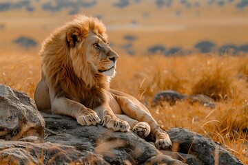 Majestic Lion Resting on Rocks in Golden Savanna Grassland