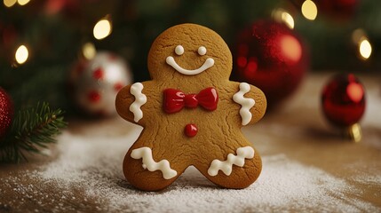 A gingerbread cookie with icing on a festive background