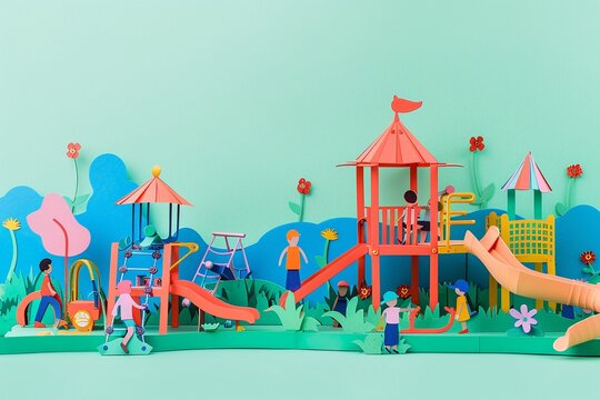 A recess with children playing games and paper cut playground equipment on a light green background a moment of fun