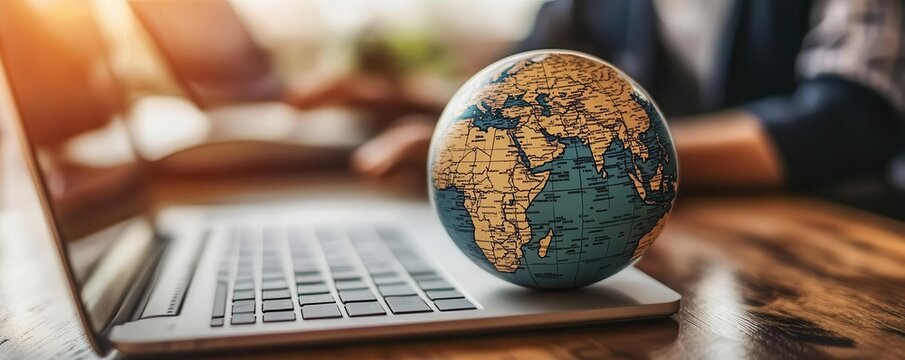 A globe rests on a laptop, symbolizing global connectivity and technological advancement in today's digital age.
