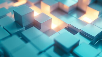 Abstract background featuring light blue cubes arranged in a grid with warm glowing highlights, creating a dynamic and futuristic feel