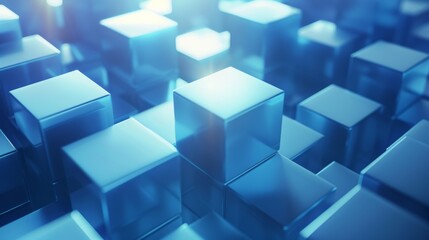 Obraz premium Abstract composition featuring transparent blue cubes arranged in a grid, illuminated by soft light for a futuristic and modern feel