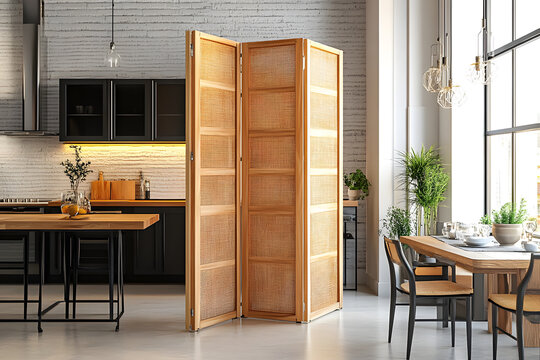 Stylish kitchen interior with folding screen and table