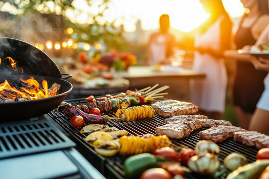 Friends having a barbecue on a rooftop at sunset