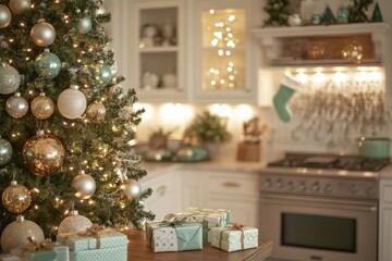 aesthetic photo of cozy light kitchen decorated for Christmas 