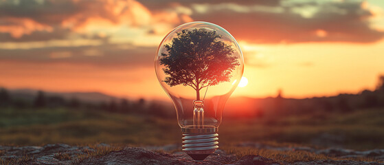 Light Bulb with Tree Inside at Sunset  Symbol of Green Energy and Sustainability, Light Bulb with Tree Inside at Sunset  Symbol of Green Energy an