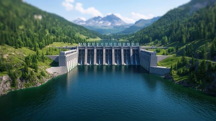 Fototapeta premium A futuristic hydropower station integrated with a smart grid system, showing both traditional dam structures and advanced technology, ultra-realistic, renewable energy future