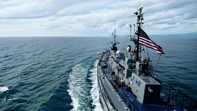 Naval ship sailing through open sea under cloudy skies with American flag flying at the stern. Concepts of maritime security, naval operations, and national pride.