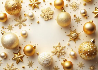 Festive holiday background mockup with golden ornaments, snowflakes, and baubles on a creamy white surface, perfect for seasonal designs and advertising layouts.