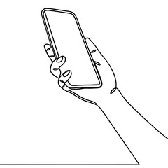 Continuous one line drawing of gesture hands and touch the screen of smartphone.. Gadget device concept