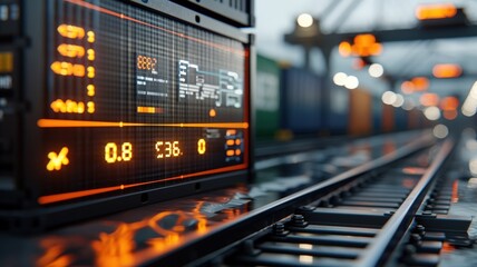 A retro-futuristic GPS tracker from a 1980s sci-fi film displays a container's trajectory on a pixelated screen.