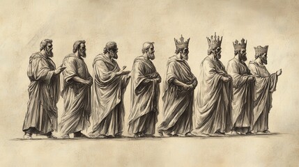 Fototapeta premium Biblical Illustration of Solomon’s Administrators: Governors Managing Provisions for the Royal Household, Coordinating Supplies, Beige Background