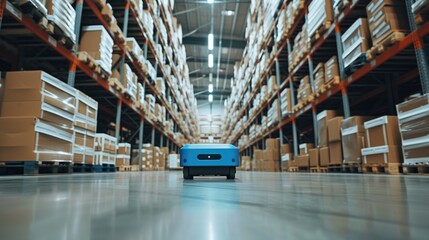 Robot Assistant Managing Stock with Tablet in Large Warehouse