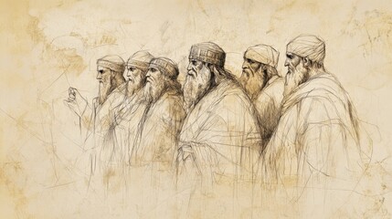 Fototapeta premium Nebuchadnezzar Orders the Blinding of Zedekiah and Execution of His Sons During the Fall of Jerusalem, 2 Kings Biblical Illustration, Bible Wall Art, Beige Background