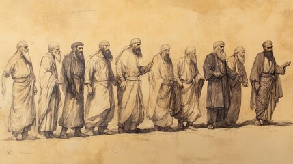 Biblical Illustration of Jehu Destroys the House of Ahab: Leaders of Samaria Presenting the Heads of Ahab’s Seventy Sons to Jehu in Jezreel, Beige Background