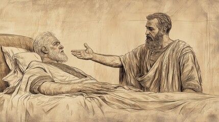 Fototapeta premium Jehoash Visits Elisha on His Deathbed, Seeking Guidance and Blessings from the Dying Prophet, 2 Kings Biblical Illustration, Bible Wall Art, Beige Background
