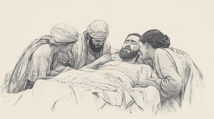 Obraz premium Jeroboam’s Family Gathers Around His Bedside, Weeping at His Death, 1 Kings Biblical Illustration, Bible Wall Art, Beige Background