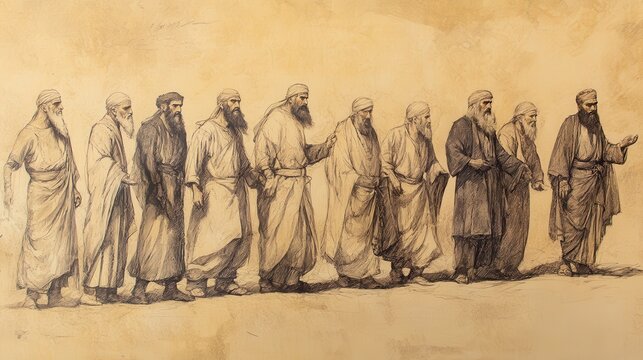 Biblical Illustration of Jehu Destroys the House of Ahab: Leaders of Samaria Presenting the Heads of Ahab&rsquo;s Seventy Sons to Jehu in Jezreel, Beige Background