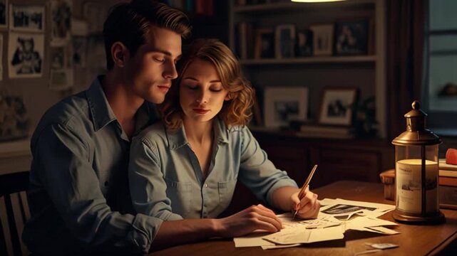 Young couple in love writing a letter together, woman sitting on the lap of her man on a chair on the table, romantic sensual lovers Generative AI