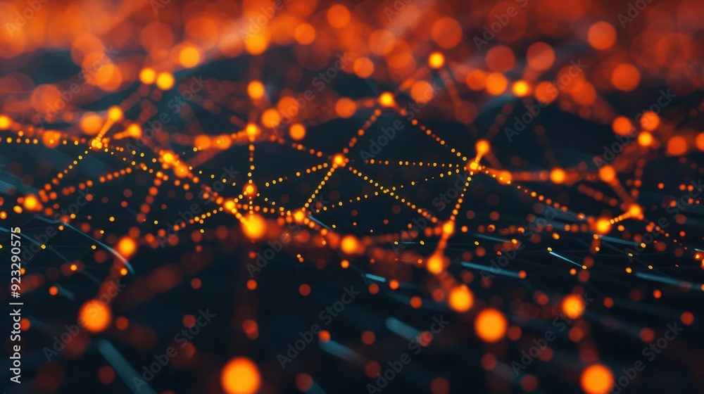 Poster twinkling dots creating a network communication pattern, illuminated network design