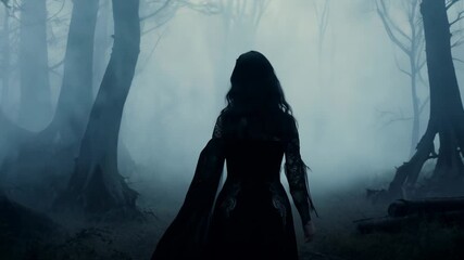 Mysterious woman in dark Victorian dress walking through foggy forest. Concepts of mystery, eerie atmosphere, and gothic fashion.