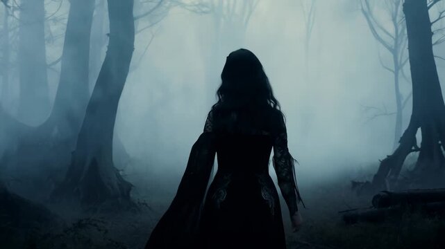 Mysterious woman in dark Victorian dress walking through foggy forest. Concepts of mystery, eerie atmosphere, and gothic fashion.